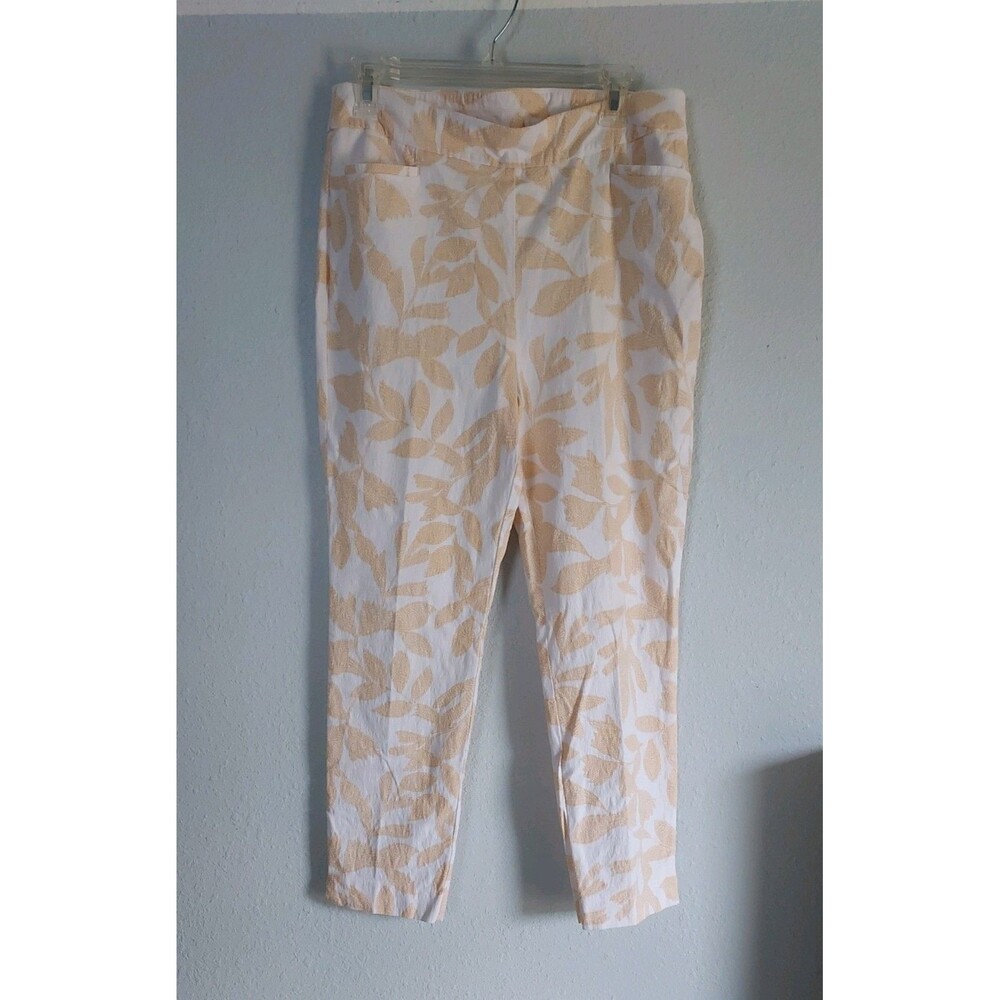 Chico's Pants Women 1.5 US Medium White With Beige Leaf Print Pull On Pockets